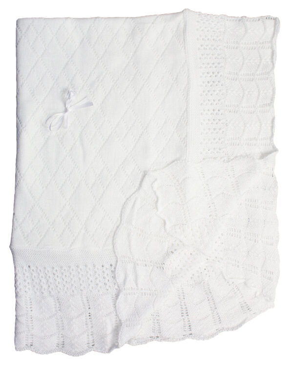 BT-R1024 Hand Crochet White Cotton Shawl Blanket with Diamond Pattern and Ribbon Bow
